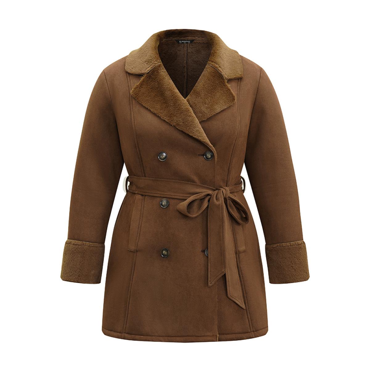 Plus Size Fuzzy Patchwork Double Breasted Belted Jacket Women Bronze Pocket Belt Everyday Jackets BloomChic 14-16/1X Product Image