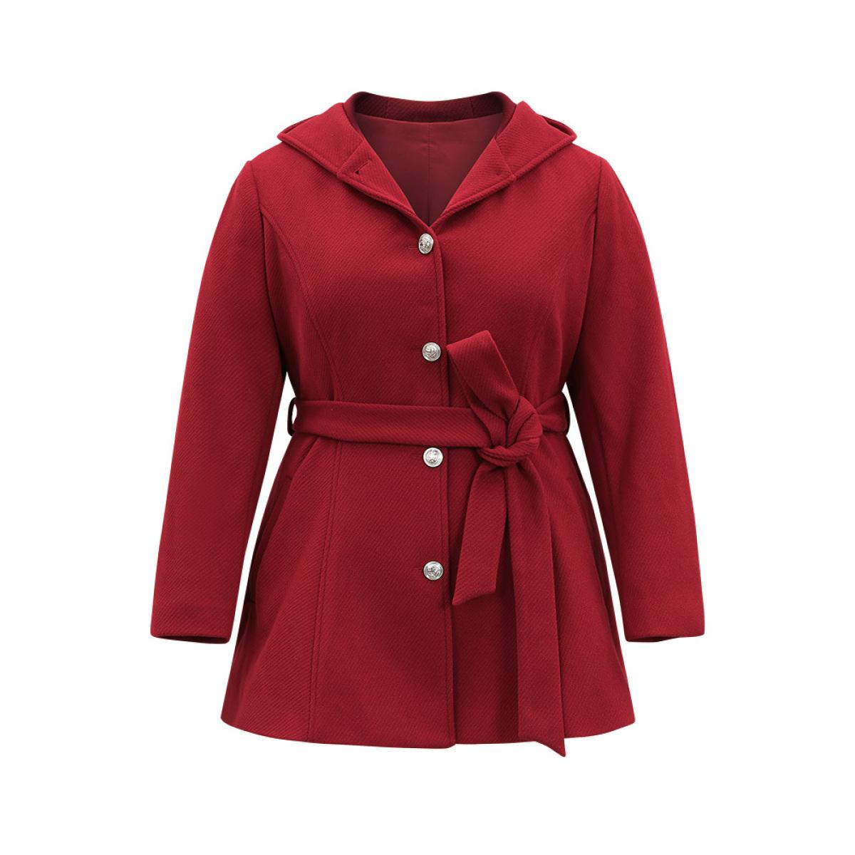 Plus Size Solid Hooded Belted Buckle Detail Coat Women Scarlet Elegant Lined Ladies Dailywear Winter Coats BloomChic 14-16/1X Product Image