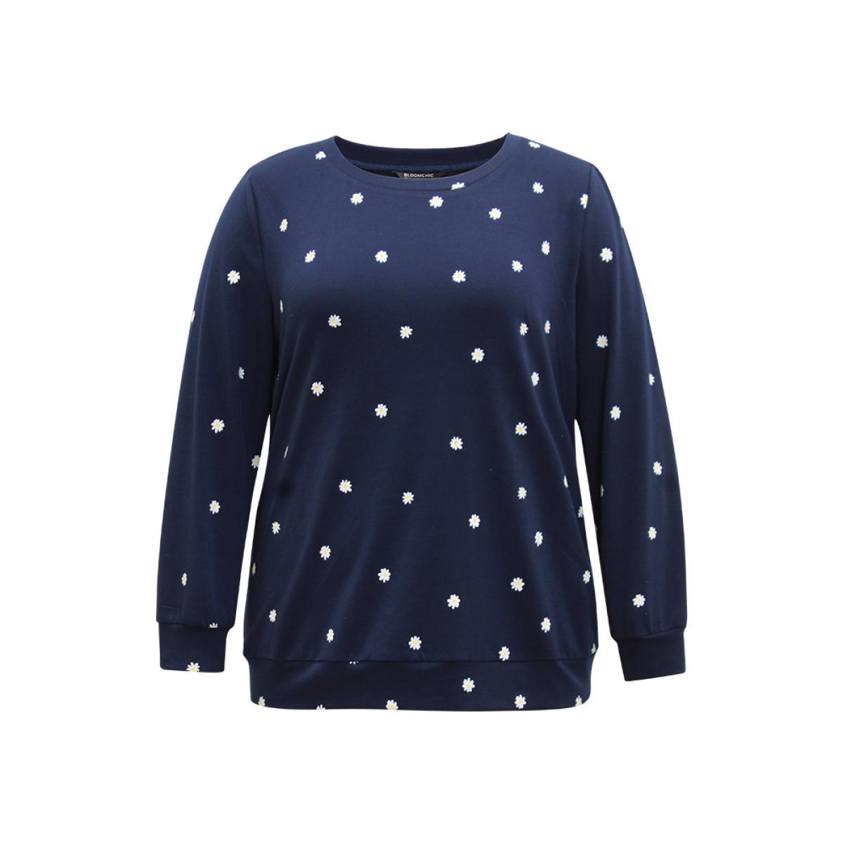 Plus Size Small Daisy Print Crew Neck Sweatshirt Women Indigo Casual Printed Round Neck Dailywear Sweatshirts BloomChic 22-24/3X Product Image