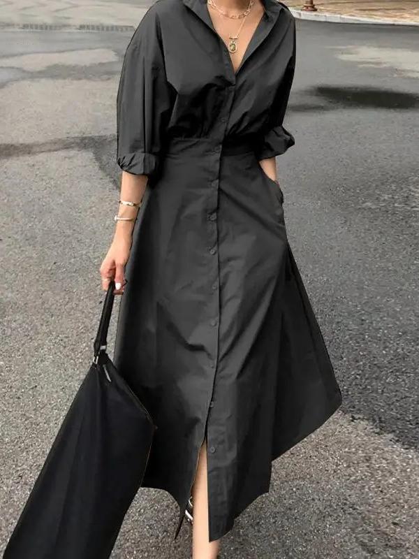 Loose Puff Sleeves Pleated Solid Color Split-Joint Lapel Maxi Dresses Shirt Dress Product Image