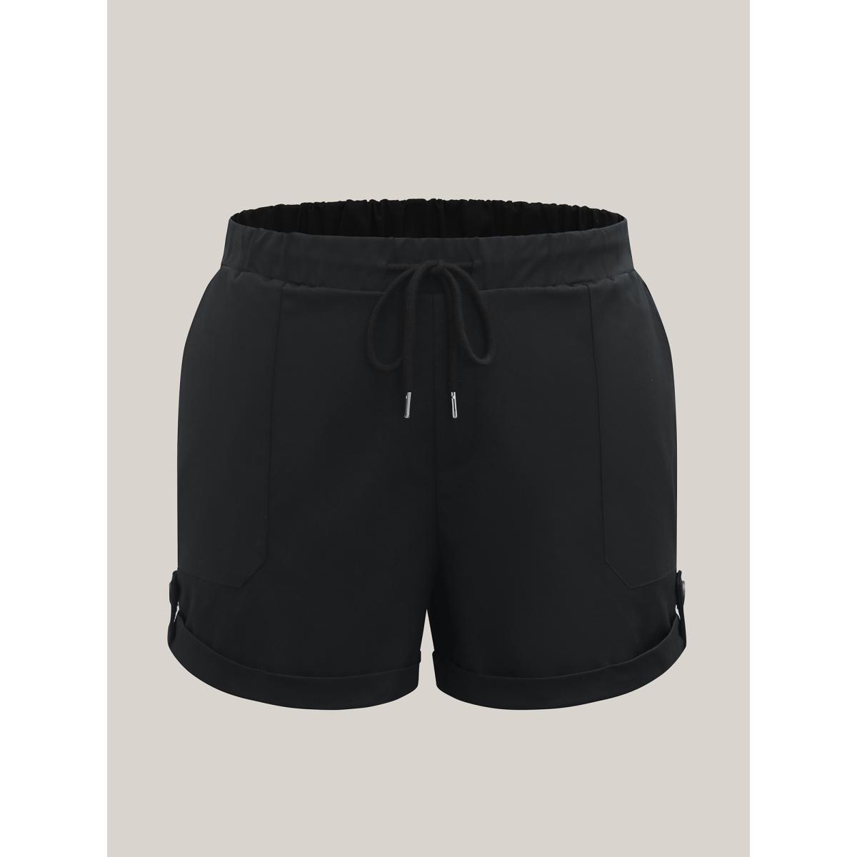 Plus Size Rolled Hem Straight-Leg Drawstring Shorts Women Black Casual Roll Hem Straight Leg Casual Shorts BloomChic 10/M Product Image