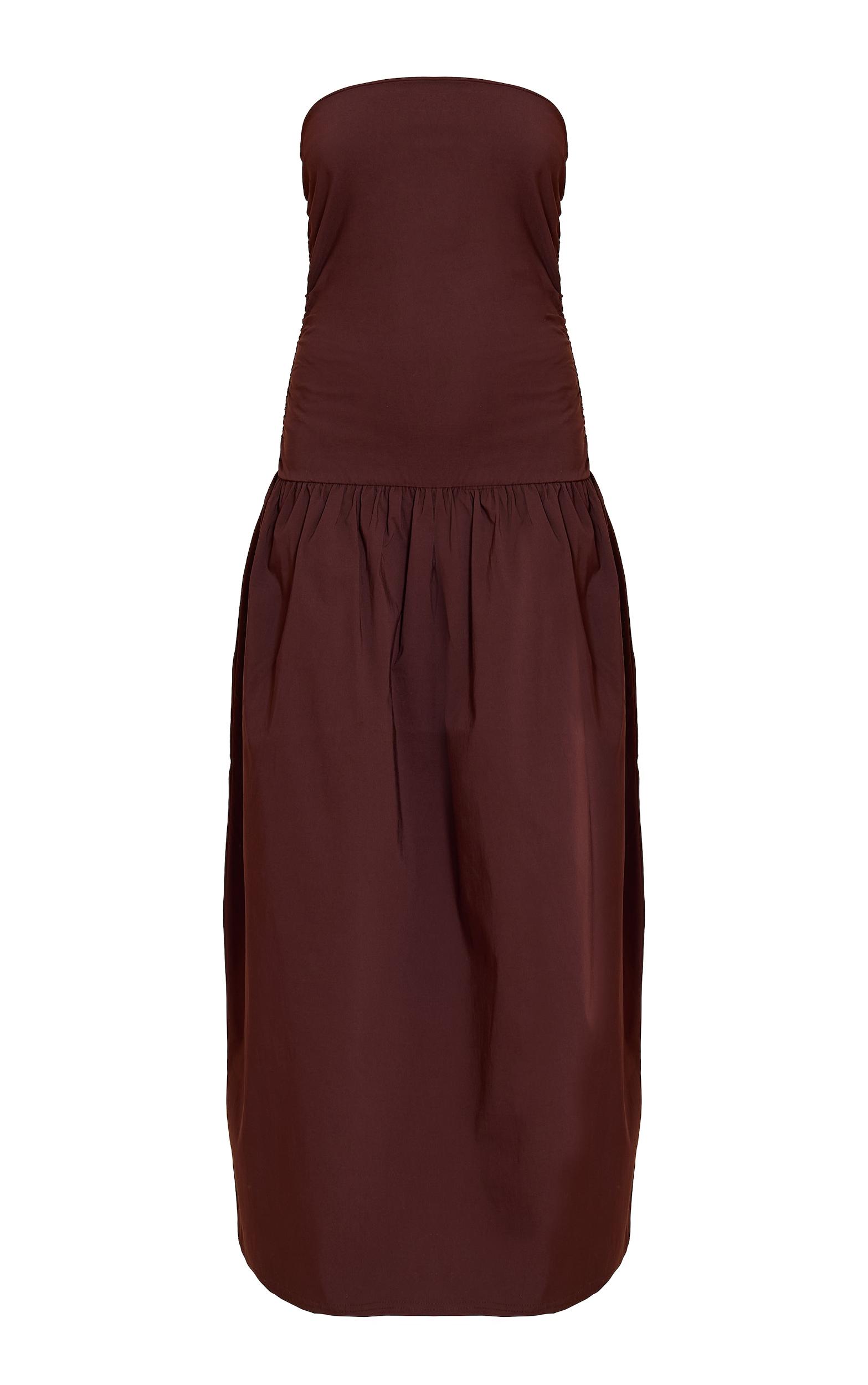 Chocolate Stretch Woven Bandeau Ruched Maxi Dress Product Image