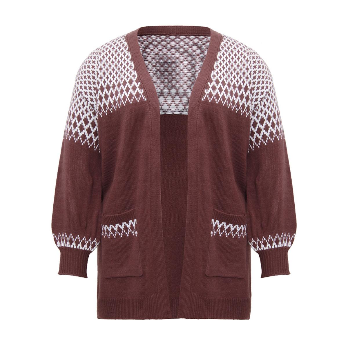 Plus Size Geometric Contrast Patched Pocket Jacquard Cardigan DarkBrown Women Casual Loose Long Sleeve Dailywear Cardigans BloomChic 10/M Product Image