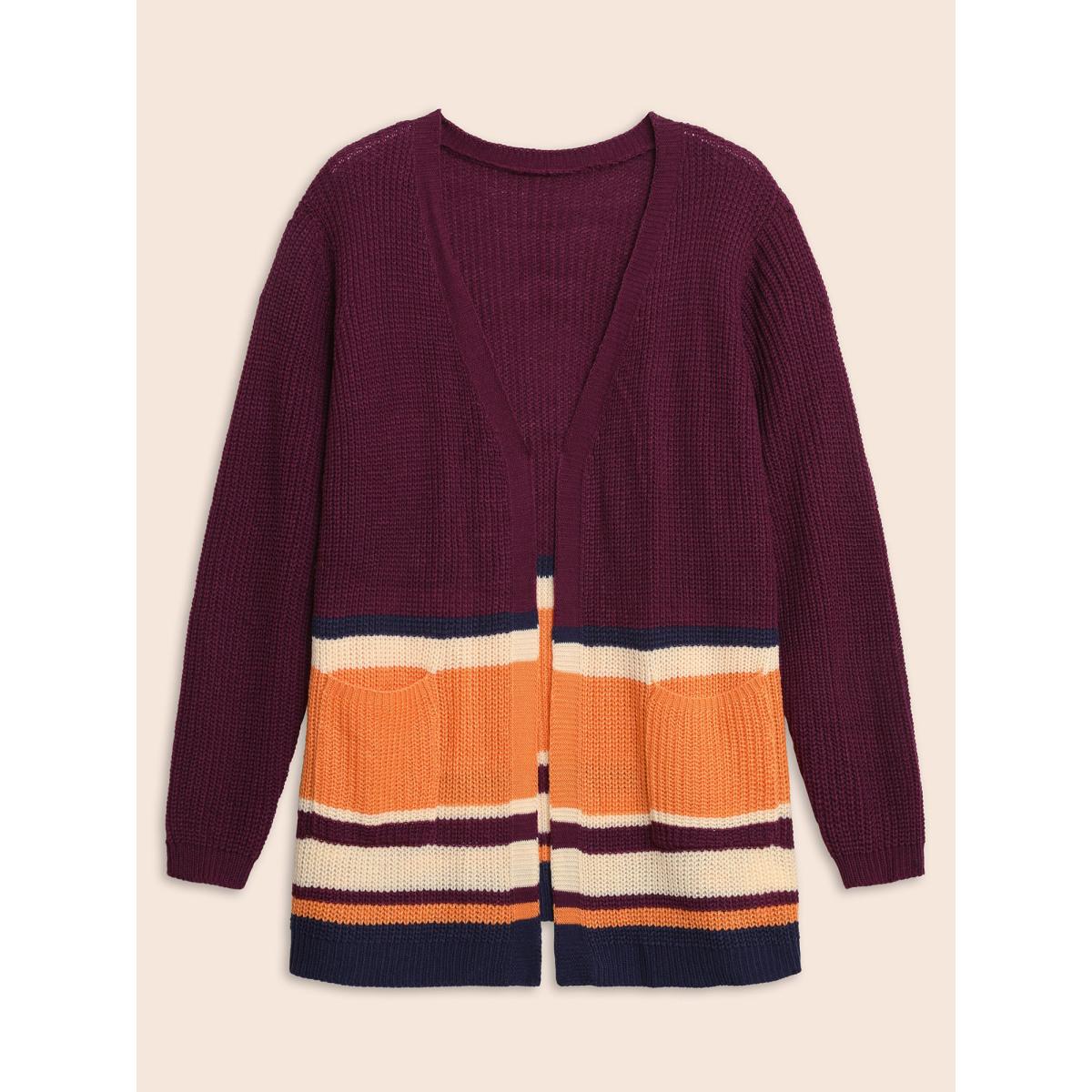 Plus Size Colorblock Contrast Patched Pocket Open Front Cardigan Plum Women Casual Loose Long Sleeve Everyday Cardigans BloomChic 28/5X Product Image