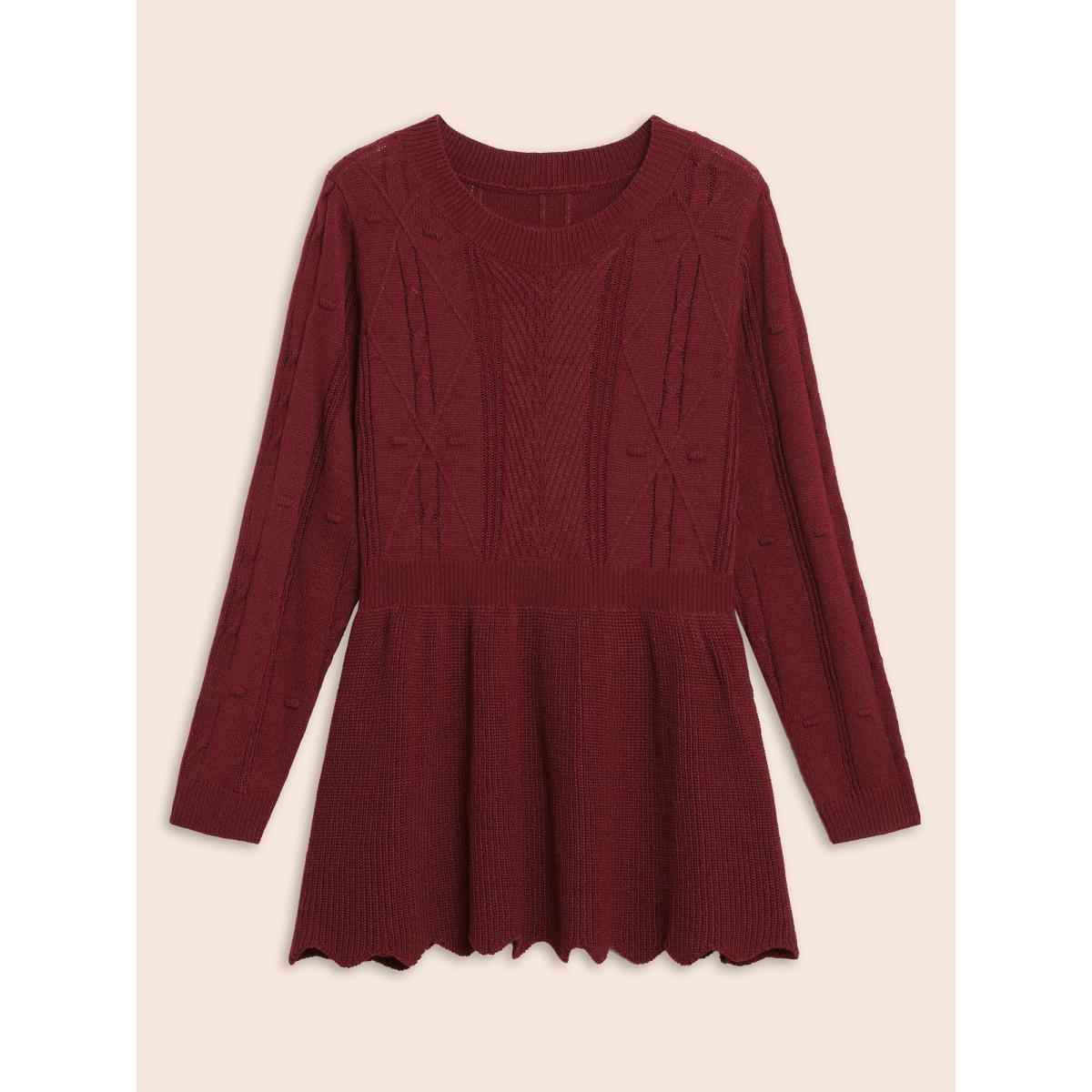 Plus Size Plain Textured Scalloped Trim Pullover Deepred Women Timeless Bodycon Long Sleeve Round Neck Elegant Pullovers BloomChic 18-20/2X Product Image