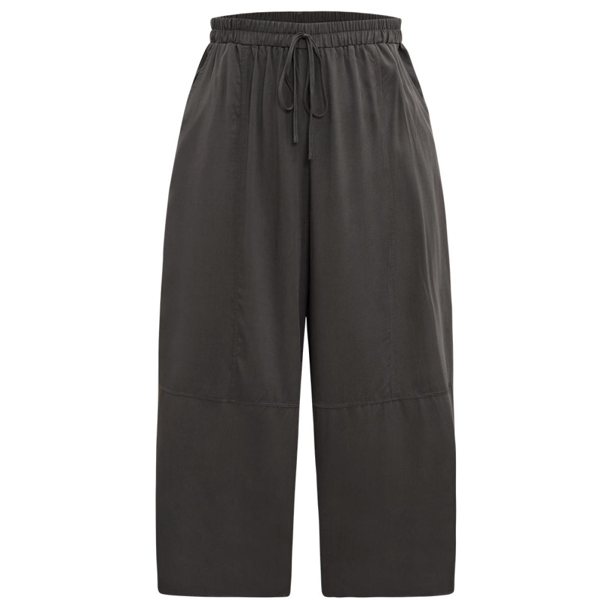 Plus Size Plain Elastic Waist Ties Pocket Pants Women DarkBrown Casual Straight Leg High Rise Dailywear Pants BloomChic 28/5X Product Image