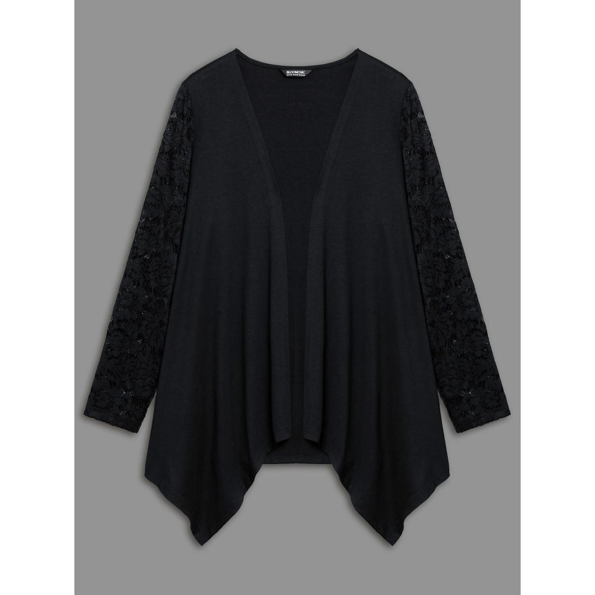 Plus Size Crochet Lace Mesh Asymmetrical Trim Cardigan Women Black Elegant See through Loose Everyday Kimonos BloomChic 12/L Product Image