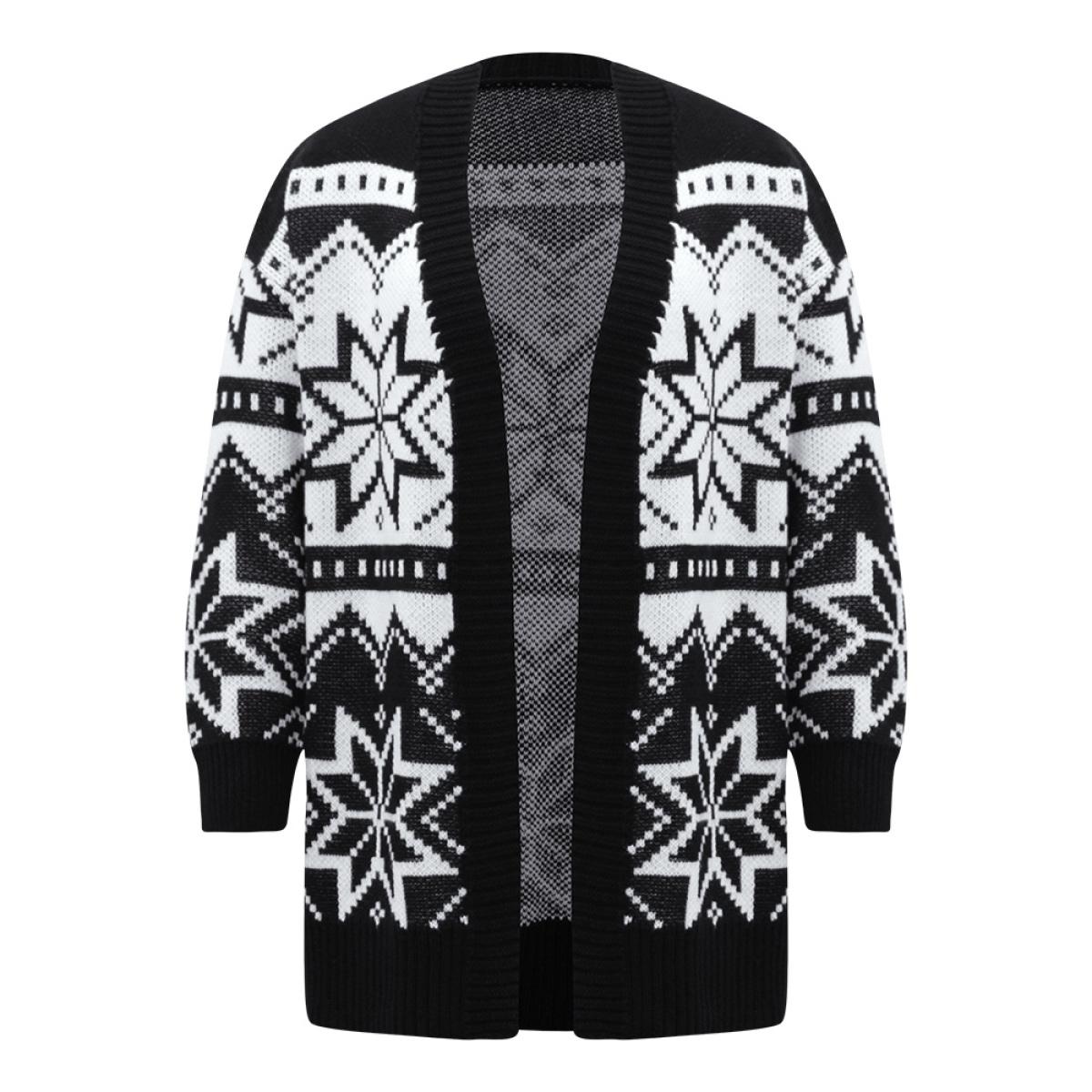 Plus Size Boho Print Open Front Jacquard Cardigan Black Women Casual Loose Long Sleeve Everyday Cardigans BloomChic 18-20/2X Product Image