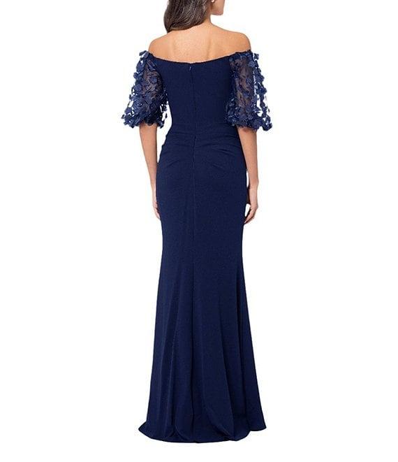 Xscape 3D Flower Applique Off-the-Shoulder Short Puffed Sleeve Scuba Crepe Sheath Gown Product Image