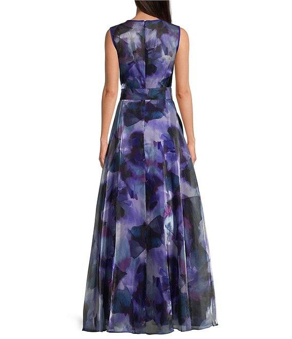 Eliza J Organza Floral Print Crew Neck Sleeveless Front Bow Gown Product Image