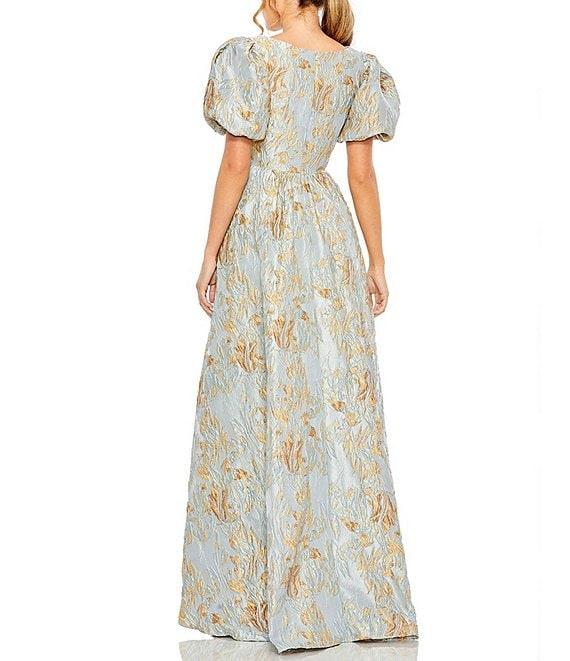 Mac Duggal Puff Sleeve Brocade Gown With Hilo Hem Product Image