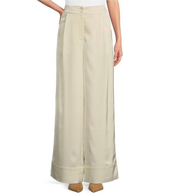 Le' AL.X Woven Satin High Rise Pleated Front Tall Cuff Full Length Wide Leg Coordinating Trousers Product Image