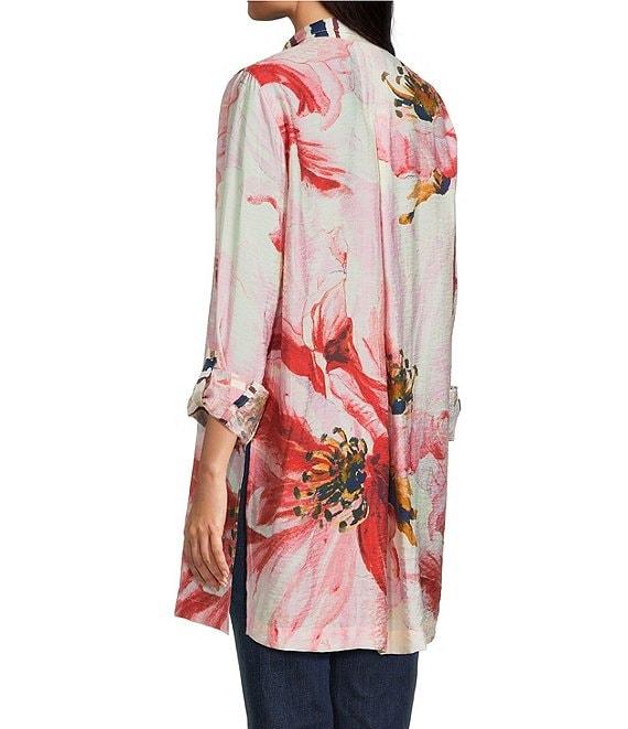 John Mark Floral Wire Collar Long Roll-Tab Sleeve Hi-Low Hem Button-Front Tunic Product Image