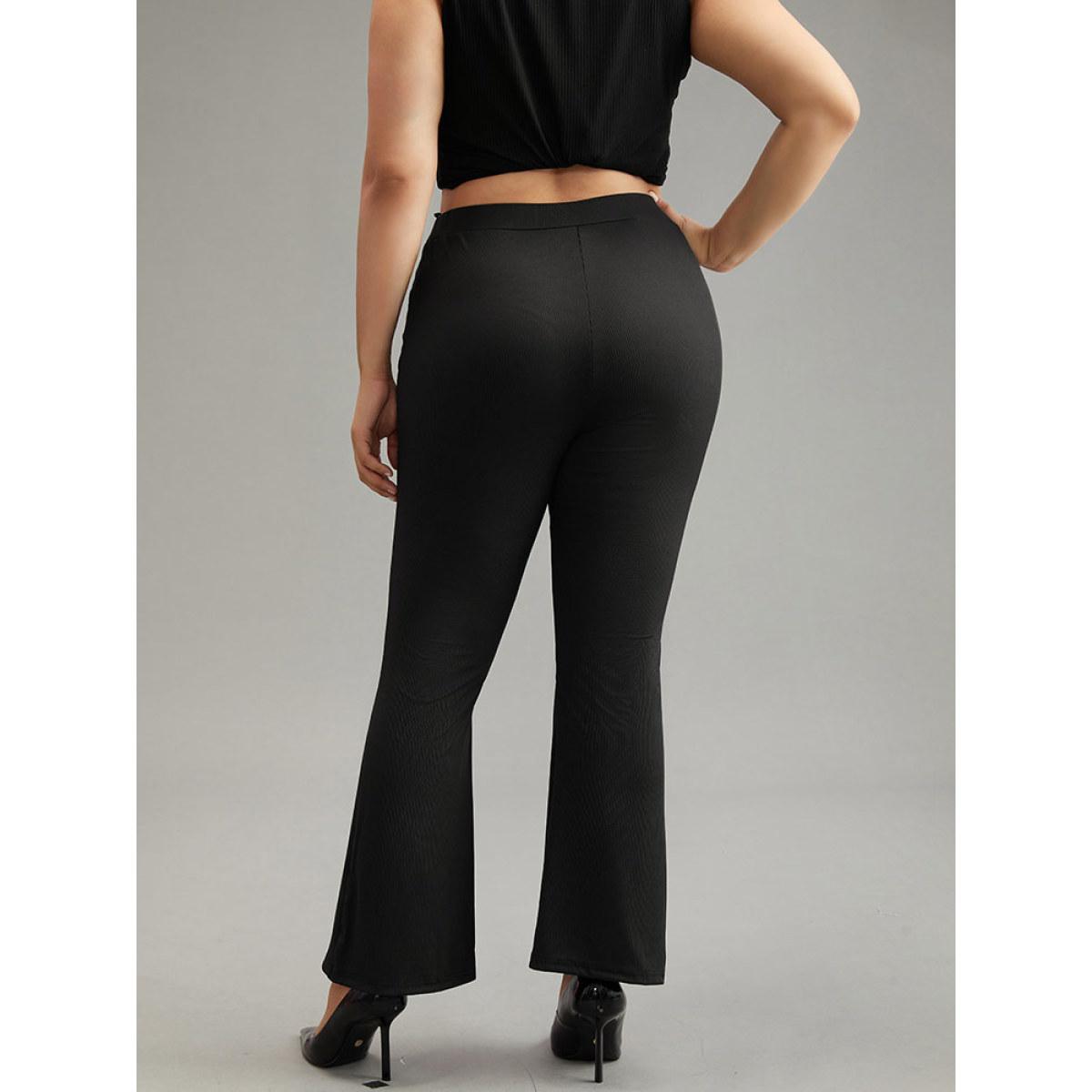 Plus Size Plain Rib Knit Flare Leg Legging Women Black Casual High stretch Flare Leg High Rise Dailywear Leggings BloomChic 26/4X Product Image
