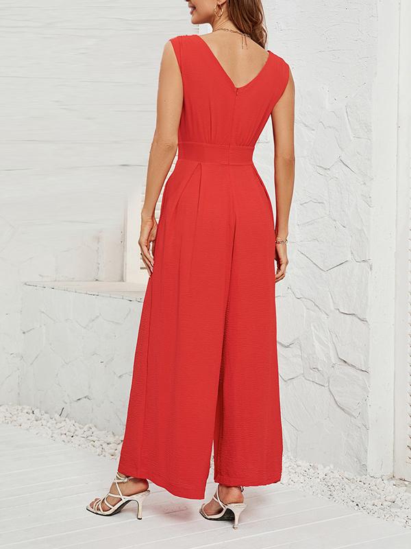 Loose Sleeveless Pleated Solid Color Split-Joint V-Neck Jumpsuits Product Image
