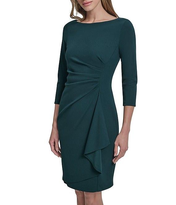 DKNY By Donna Karan Scuba Crepe 3/4 Sleeve Faux Waist Wrap Ruched Dress Product Image