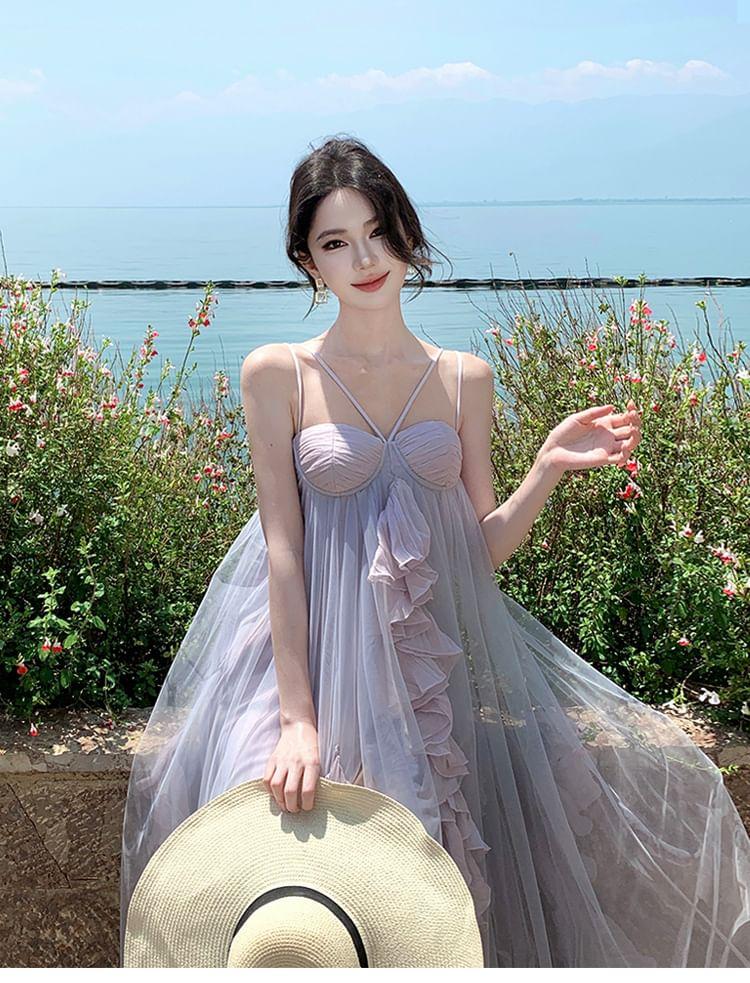 Spaghetti Strap Two-Tone Ruffled Maxi Sundress Product Image