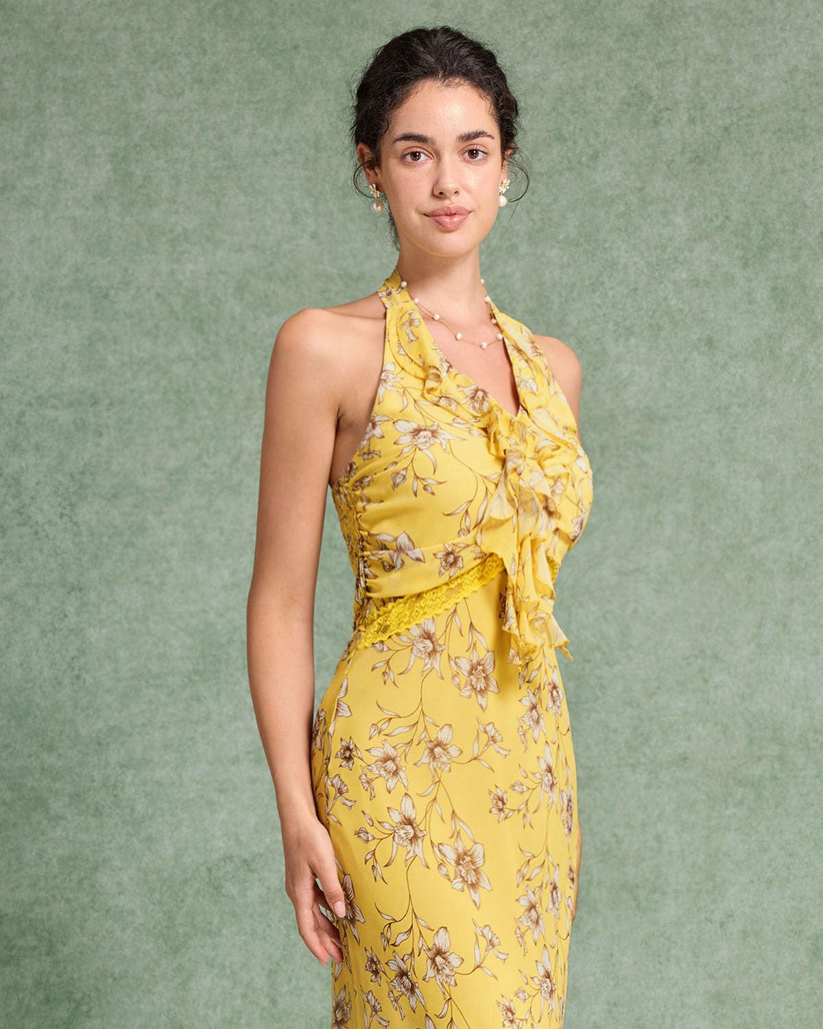 Yellow Floral Shirred Halter Maxi Dress Product Image