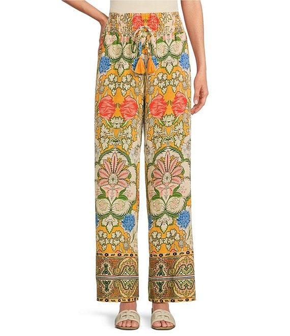 A Loves A Woven Floral Print High Rise Smocked Waist Tassel Tie Wide Leg Coordinating Pants Product Image