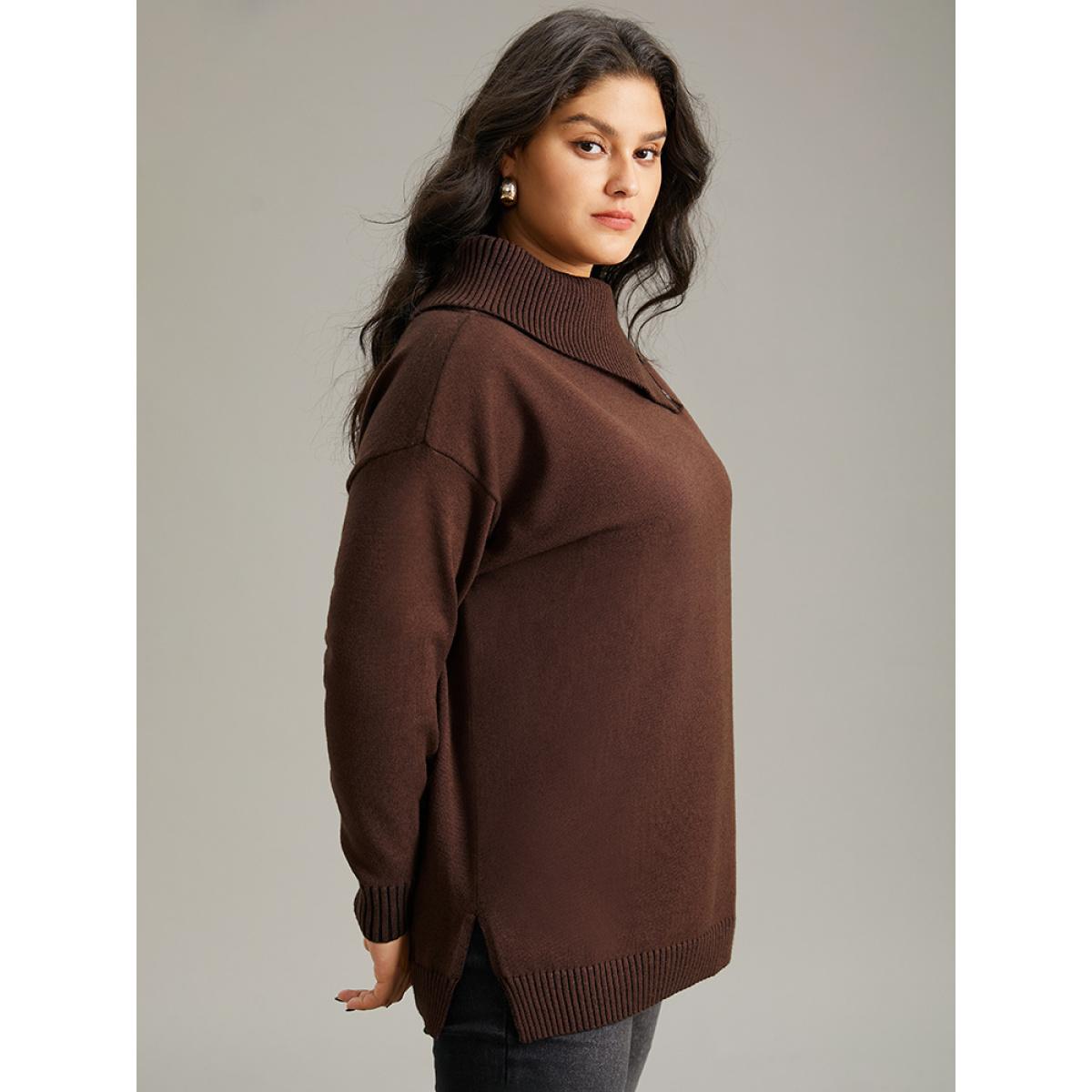 Plus Size Supersoft Essentials Asymmetrical Neck Button Detail Pullover DarkBrown Women Leisure Loose Long Sleeve Asymmetrical Neck Casual Pullovers BloomChic 12/L Product Image