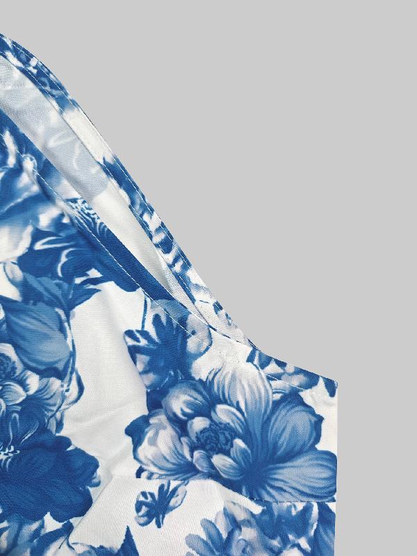 A-Line Loose Flower Print Split-Joint Lapel Maxi Dresses Product Image