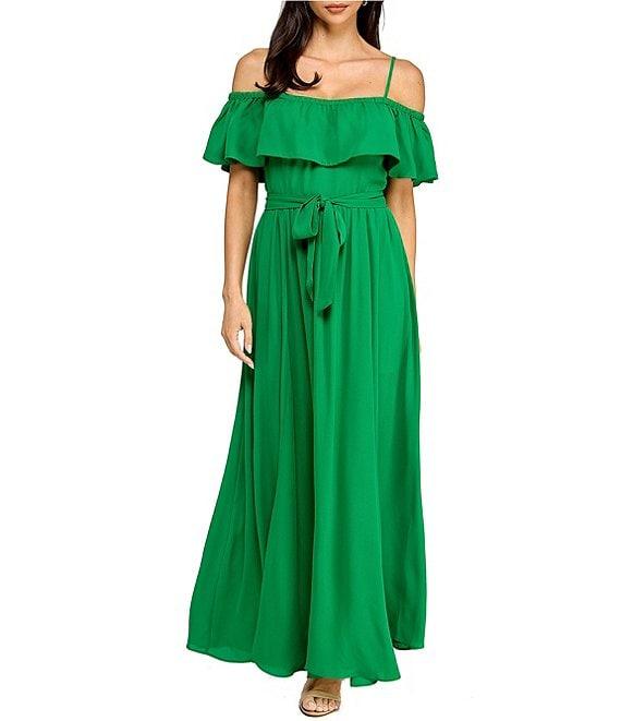 Layered With Love Teri Georgette Off The Shoulder Neck Short Sleeve Ruffle Gown Product Image
