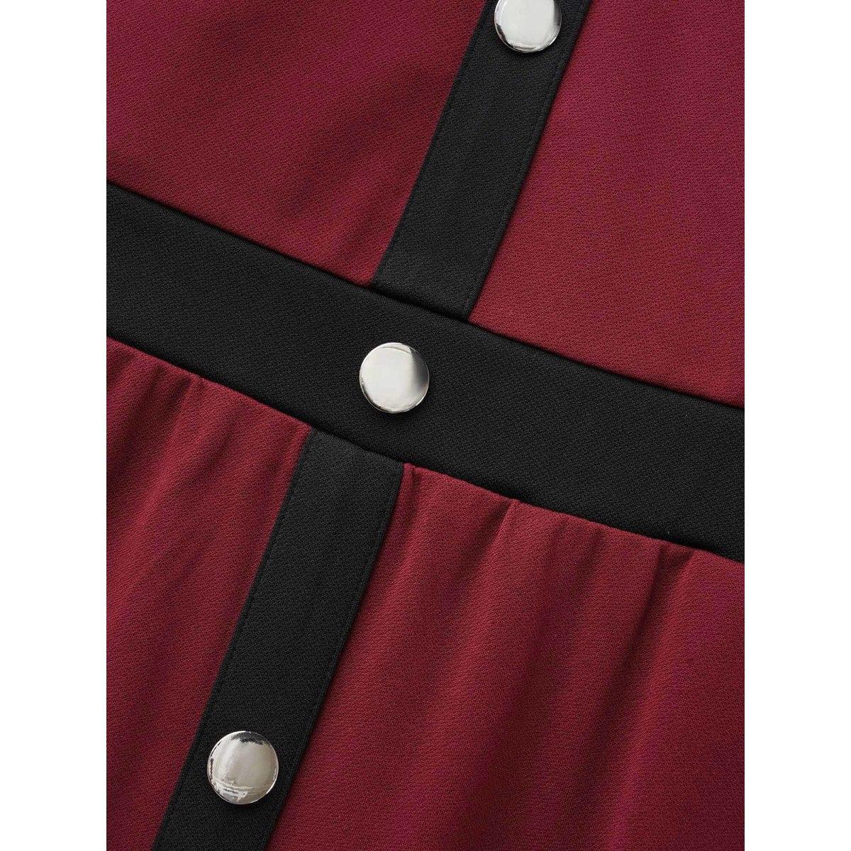 Plus Size Contrast Patchwork Metal Detail Dress Burgundy Women Elegant Contrast Round Neck Long Sleeve Curvy BloomChic 22-24/3X Product Image