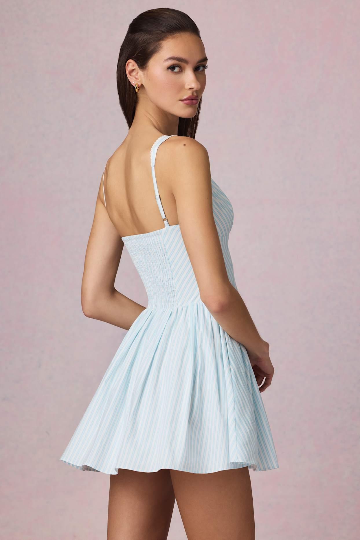 Bow-Detail A-Line Mini Dress in Powder Blue Stripe Product Image