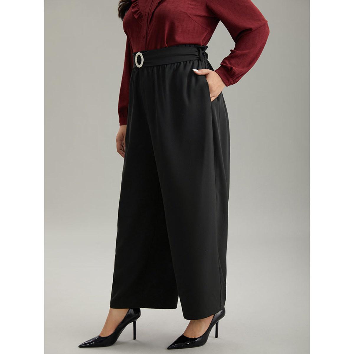 Plus Size Static-Free Solid Glitter Buckle Detail Belted Pants Women Black Office Straight Leg High Rise Office Pants BloomChic 22-24/3X Product Image