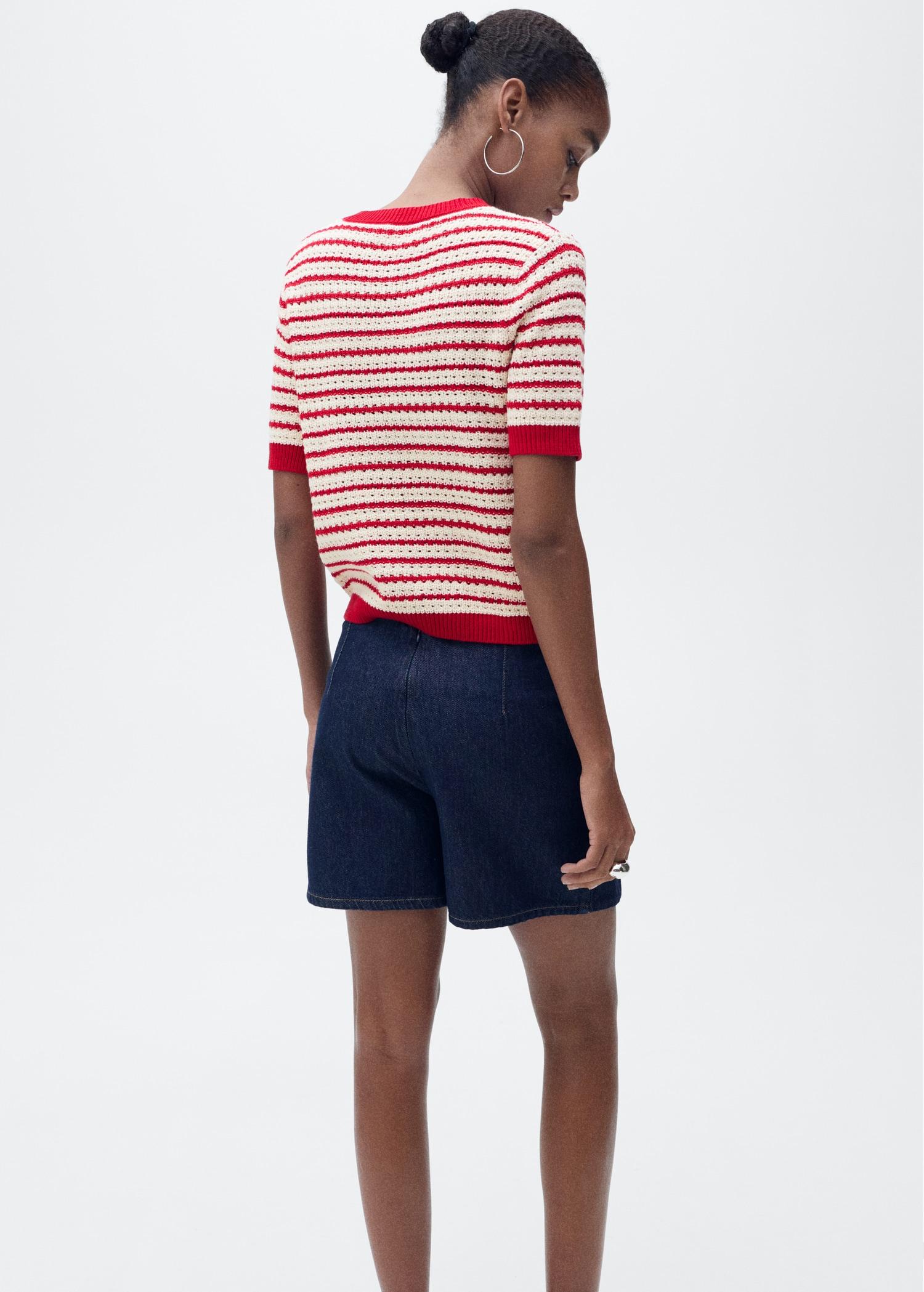 Striped short-sleeved crochet sweater - Women | MANGO USA Product Image