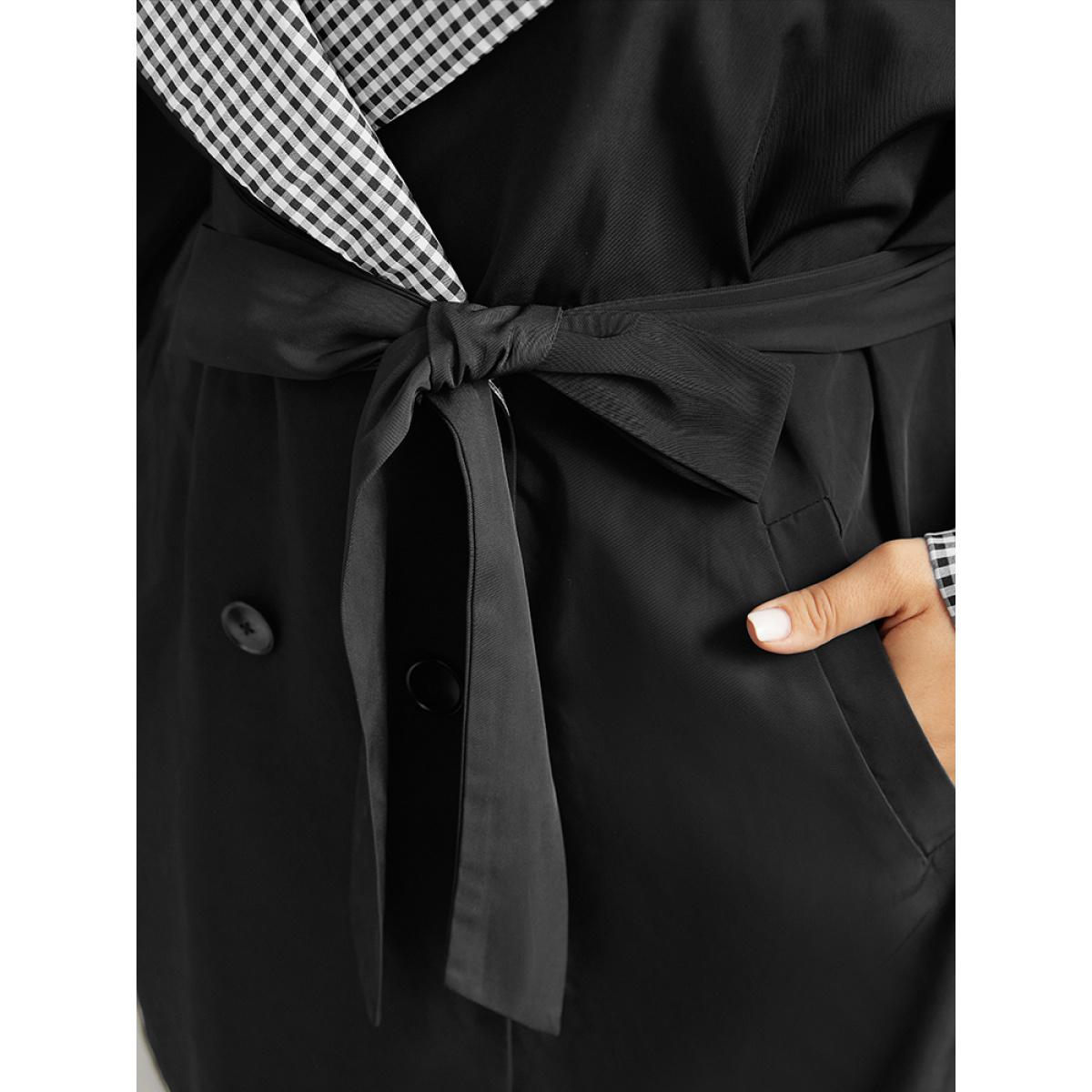 Plus Size Gingham Patchwork Belted Pocket Coat Women Black Casual Belted Ladies Dailywear Winter Coats BloomChic 12/L Product Image