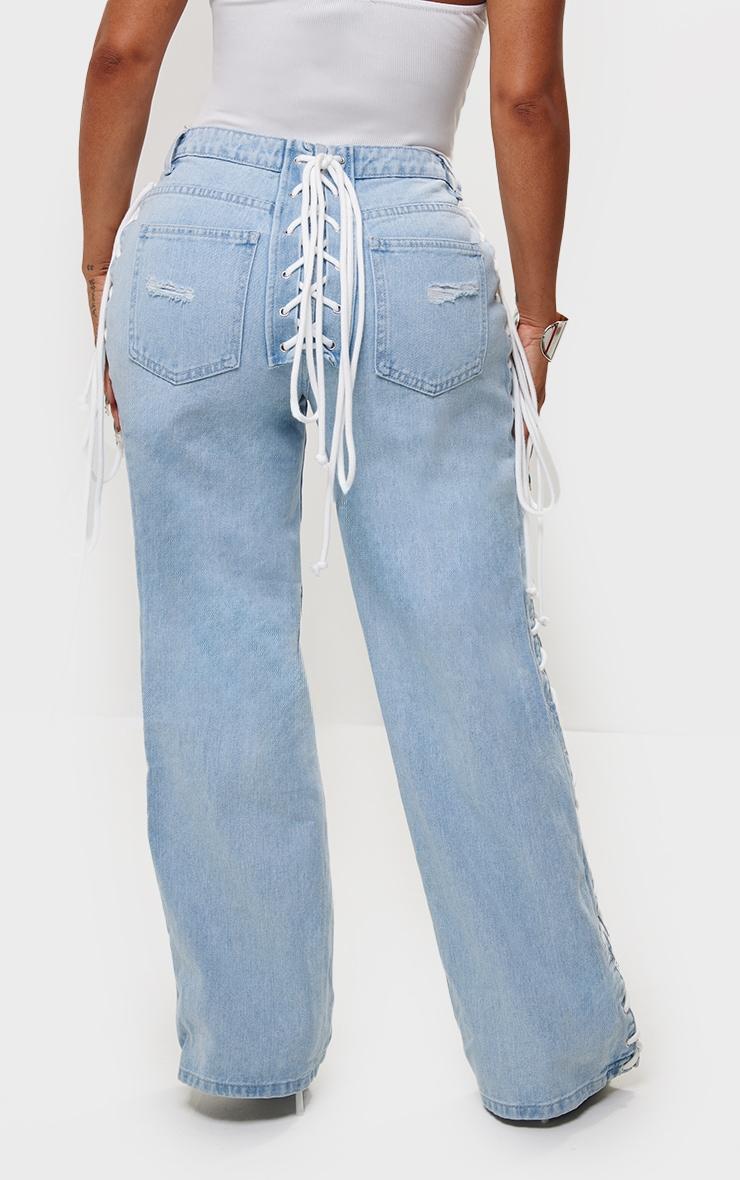 Shape Light Blue Wash Denim Lace Up Detail Wide Leg Jeans Product Image
