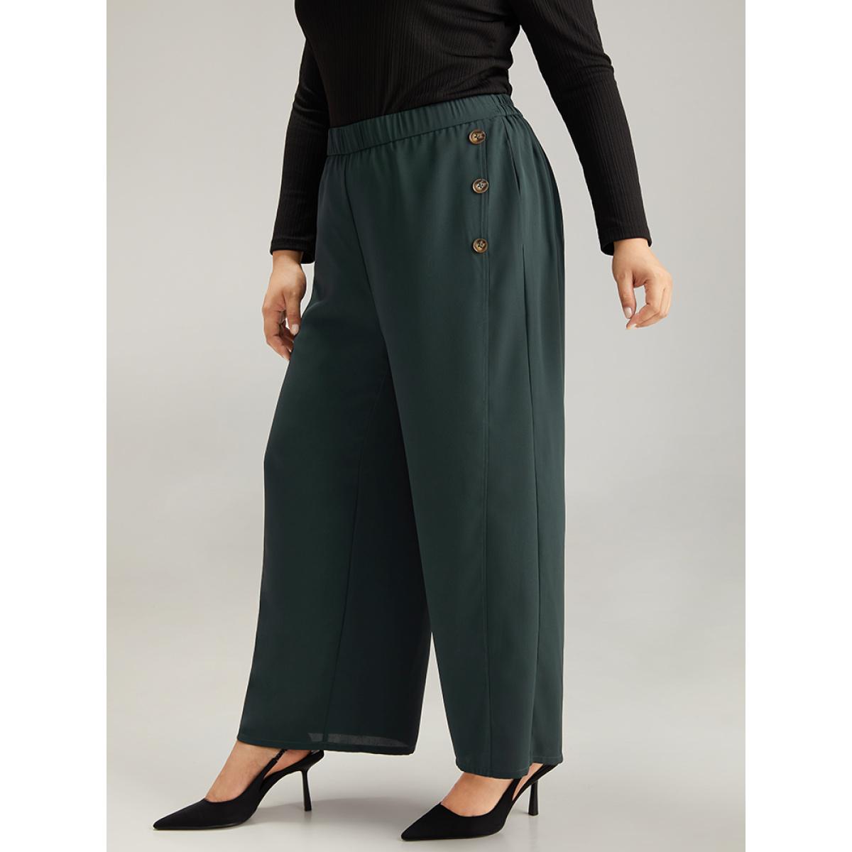 Plus Size Anti-Wrinkle Plain Button Detail Wide Leg Pants Women DarkGreen Office Wide Leg High Rise Work Pants BloomChic 14-16/1X Product Image