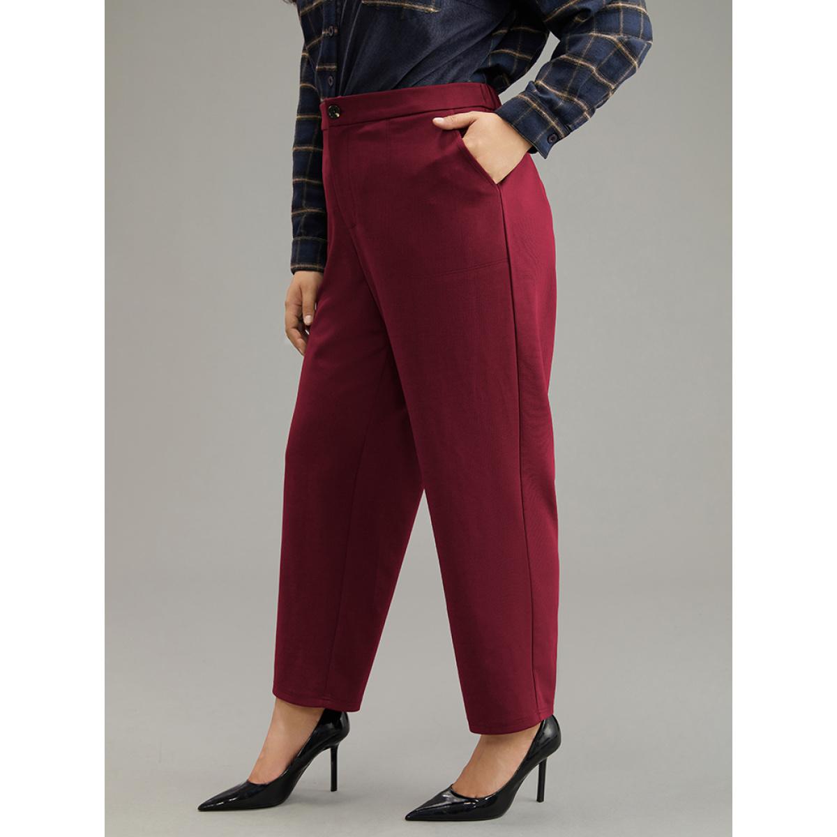 Plus Size Plain Elastic Waist Pocket Mid Rise Pants Women Scarlet Office Mid Rise Office Pants BloomChic 14-16/1X Product Image