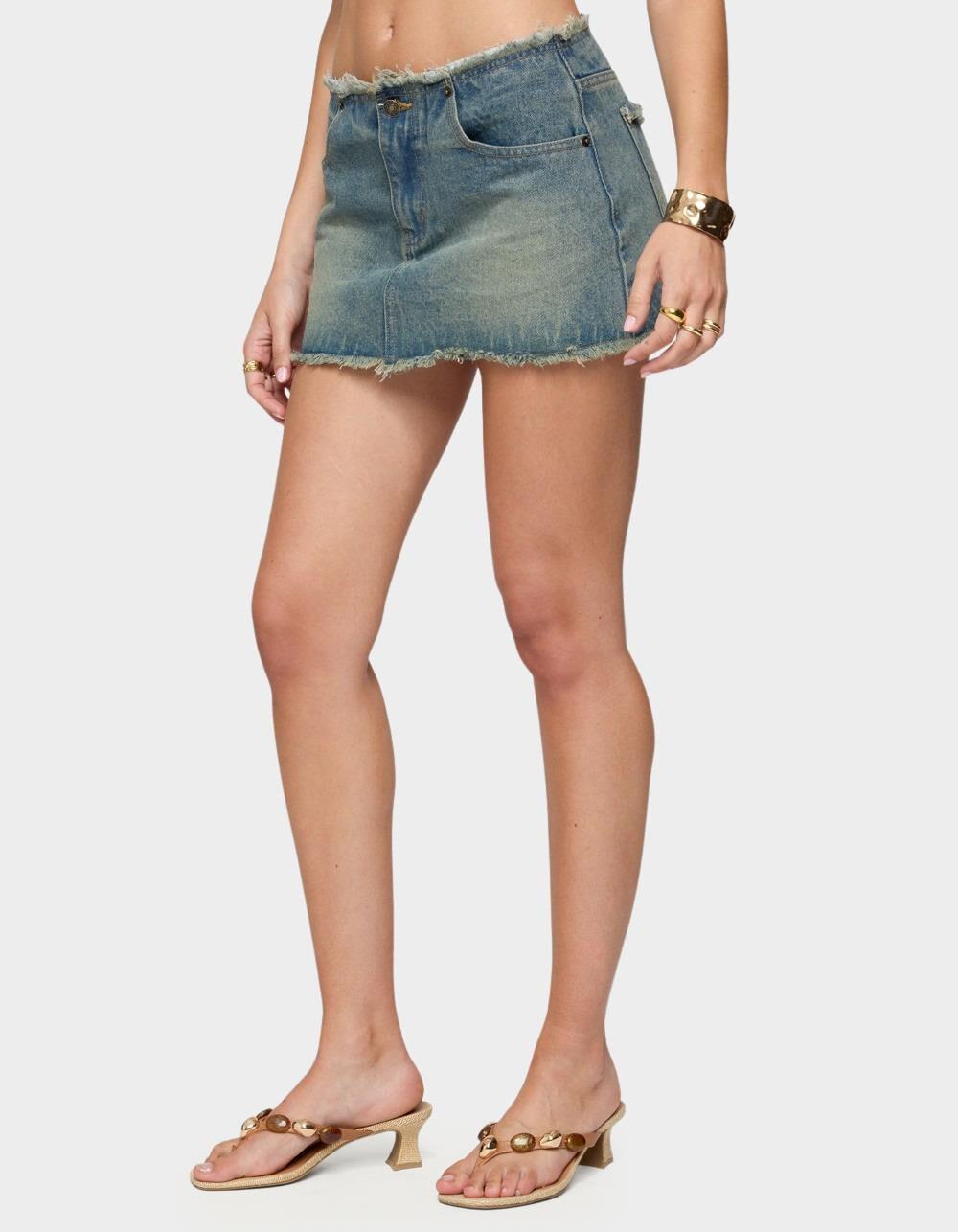 EDIKTED Levana Distressed Denim Mini Skirt - LIGHT BLUE Product Image