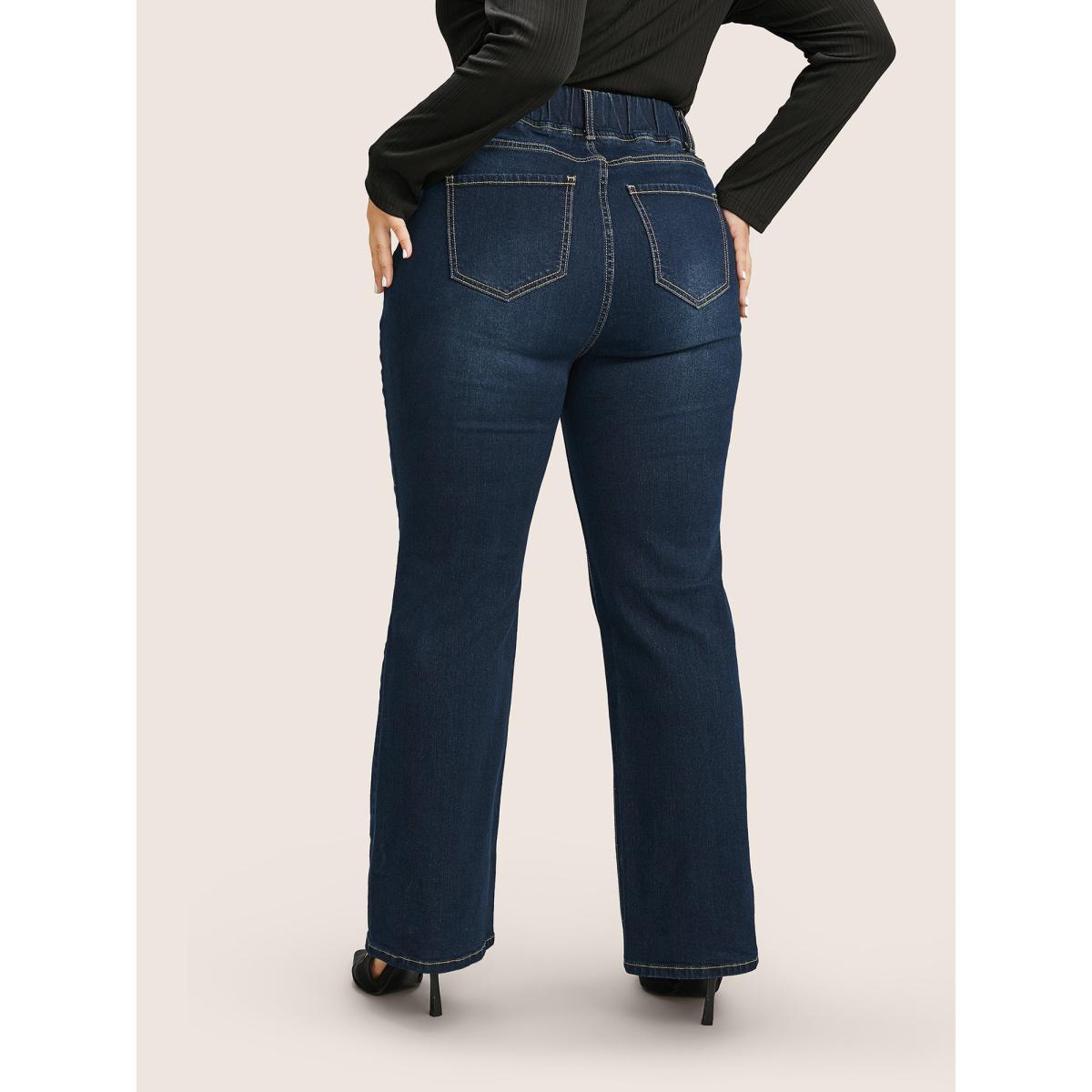 Plus Size Solid Elastic Waist Pocket Full Length Jeans Women Indigo Timeless Plain Plain High stretch Slanted pocket Jeans BloomChic 30/6X Product Image