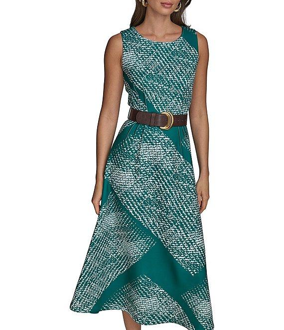 Donna Karan Scuba Boat Neck Sleeveless Belted Midi A-Line Dress Product Image