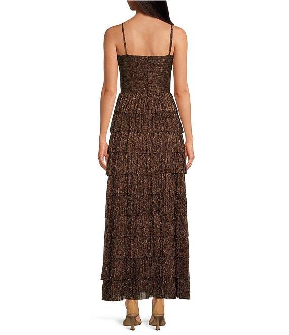 Gianni Bini Grace Metallic Plisse Sweetheart Neck Cut-Out Tiered Dress Product Image
