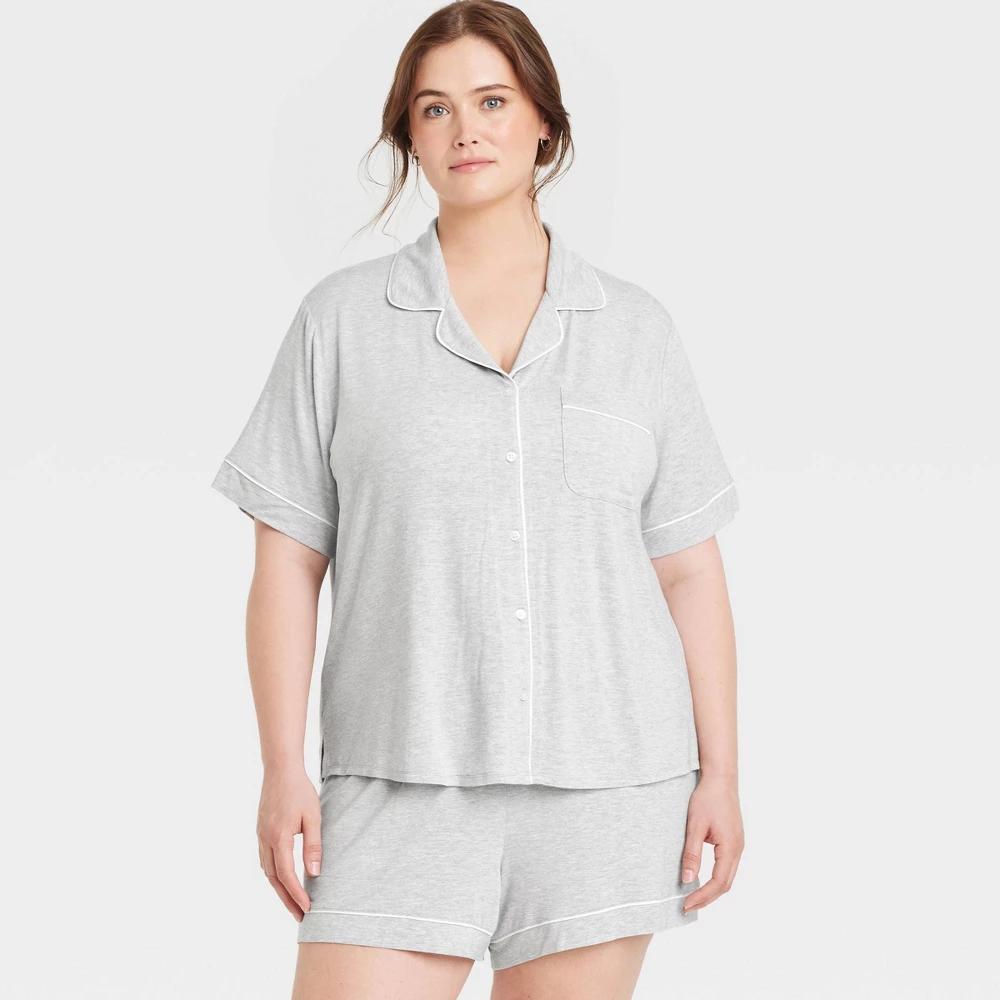 Women's Cloud Knit Modal Short Sleeve Notch Collar Top and Shorts Pajama Set - Auden™ Heathered Gray 1X: Modal-Spandex Blend Product Image