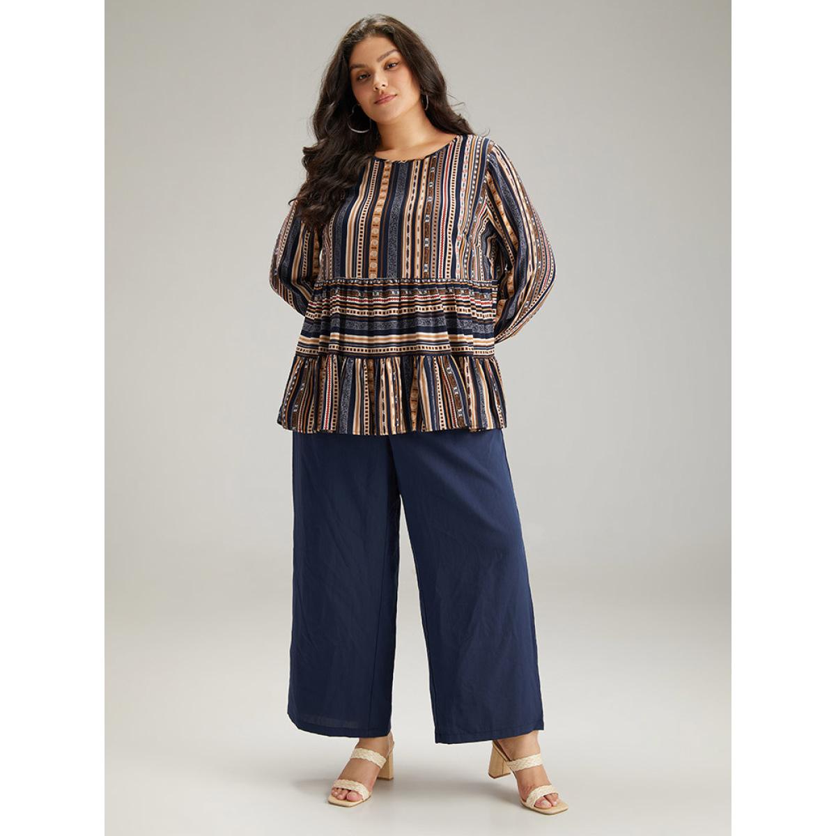 Plus Size Indigo Bandana Stried Crew Neck Gathered Blouse Women Vacation Long Sleeve Round Neck Dailywear Blouses BloomChic 22-24/3X Product Image