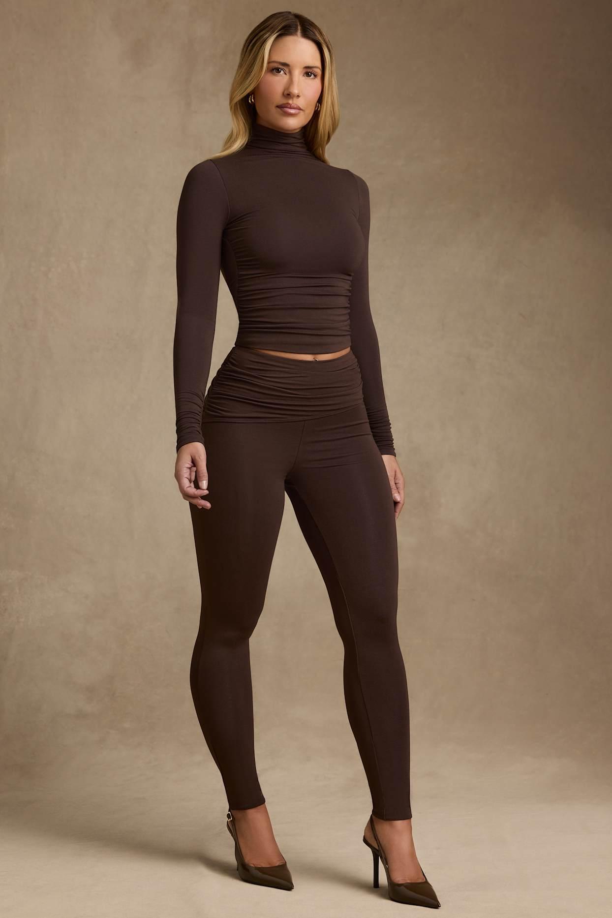 Modal Ruched Mid-Rise Leggings in Chocolate Brown Product Image