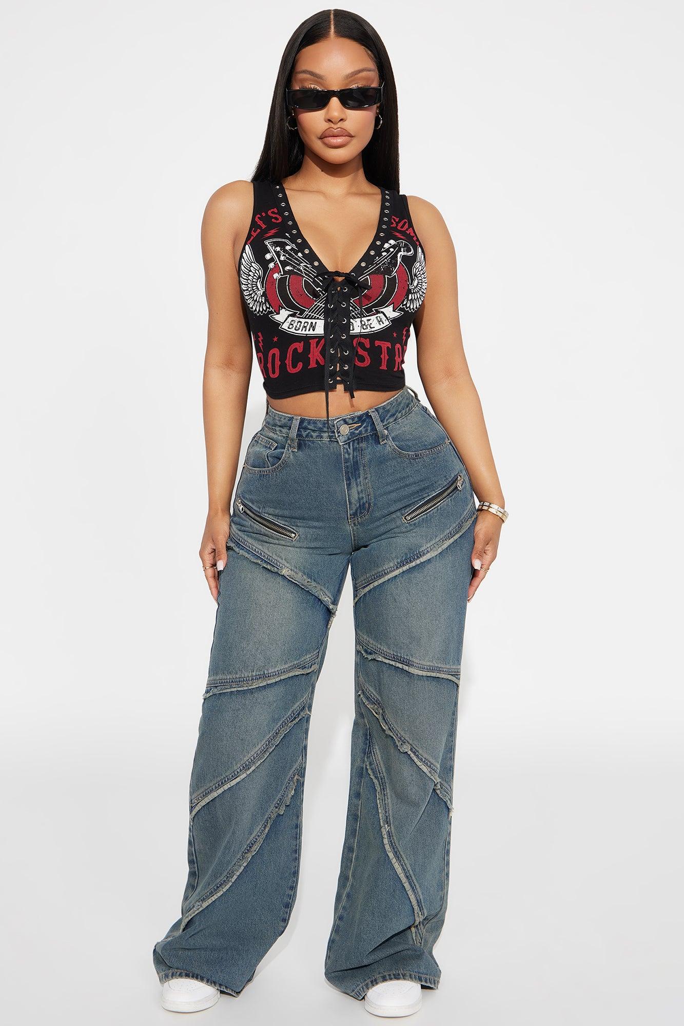 Rockstar Baddie Lace Up Tank Top - Black Female Product Image