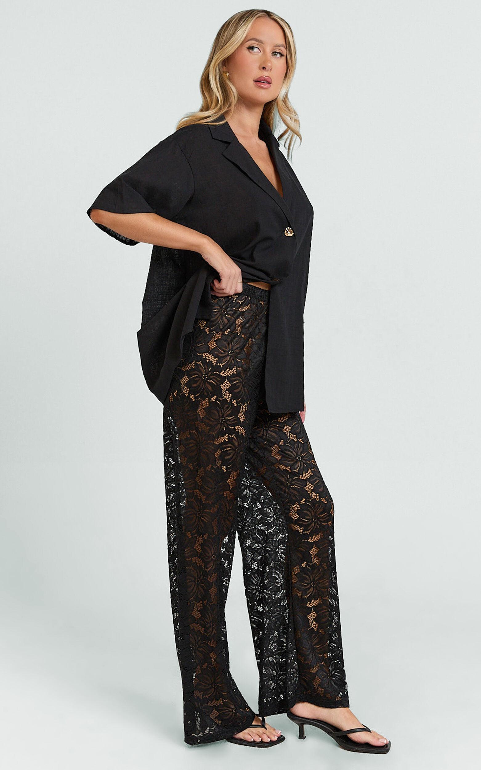 Jemma Two Piece Set - Relaxed Shirt and Lace Pants Set in Black Product Image