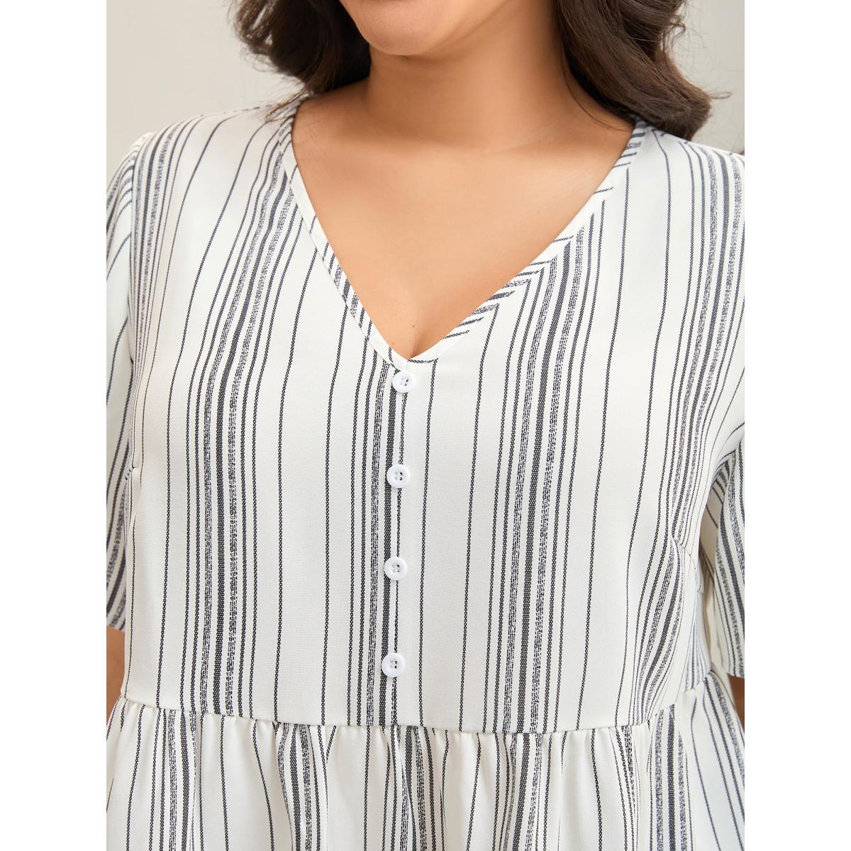 Plus Size Ivory Striped Button Detail Flowy Shirt Women Leisure Half Sleeve V-neck Vacation Blouses BloomChic 18-20/2X Product Image