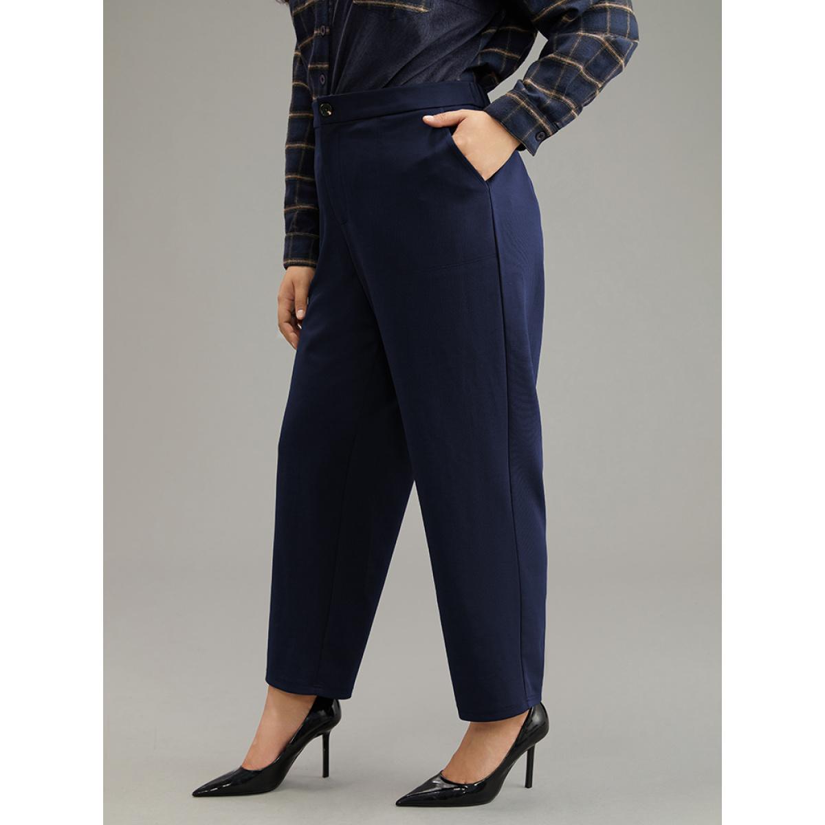 Plus Size Plain Elastic Waist Pocket Mid Rise Pants Women Indigo Office Mid Rise Work Pants BloomChic 26/4X Product Image