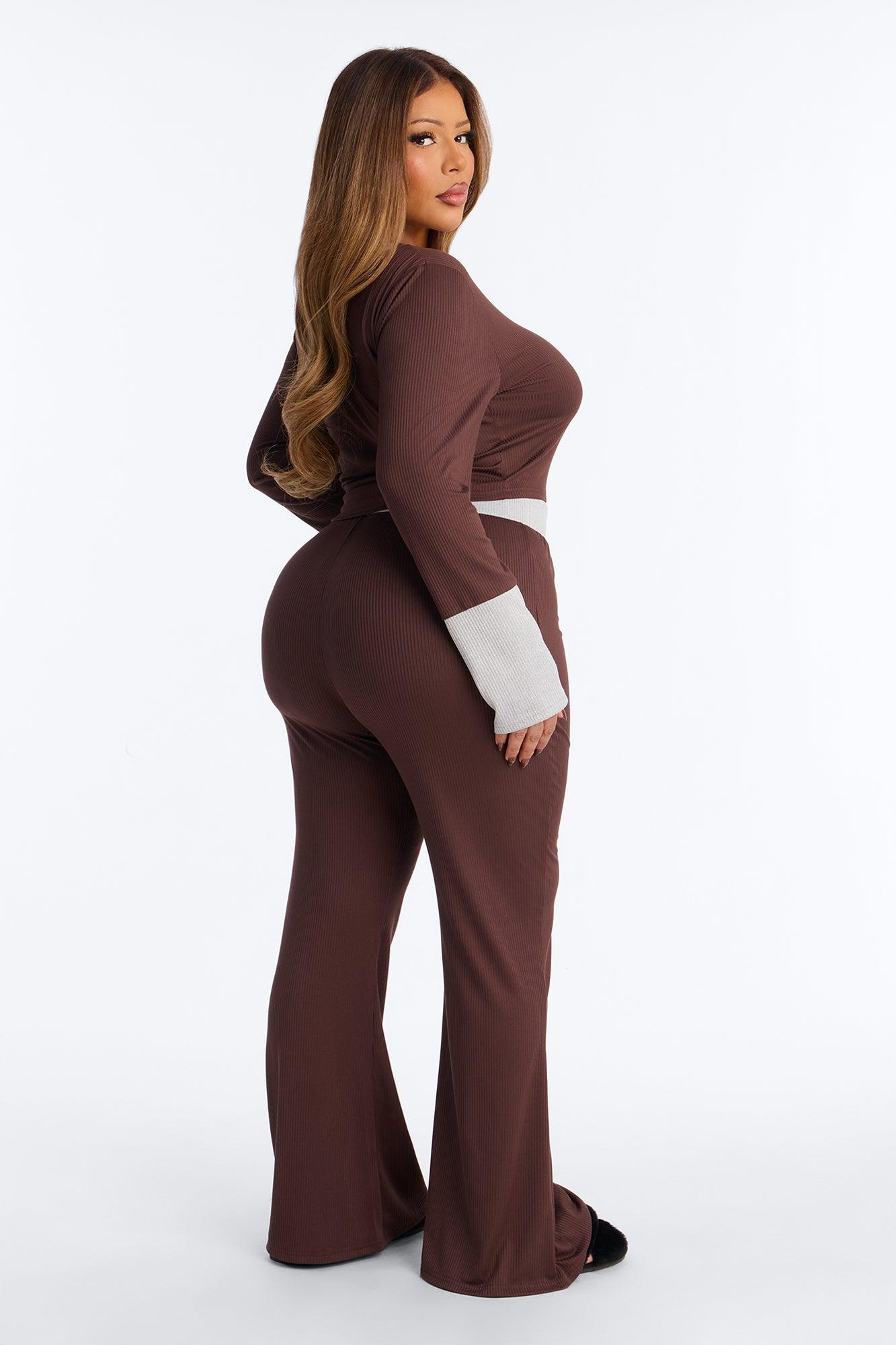 Still Napping Ribbed Long Sleeve PJ Pant Set - Chocolate Female Product Image