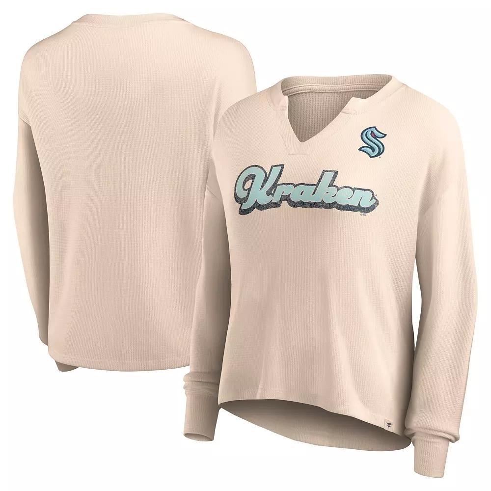 Women's Fanatics Branded Oatmeal Seattle Kraken Go For It Notch Neck Waffle Knit Long Sleeve T-Shirt,  Product Image