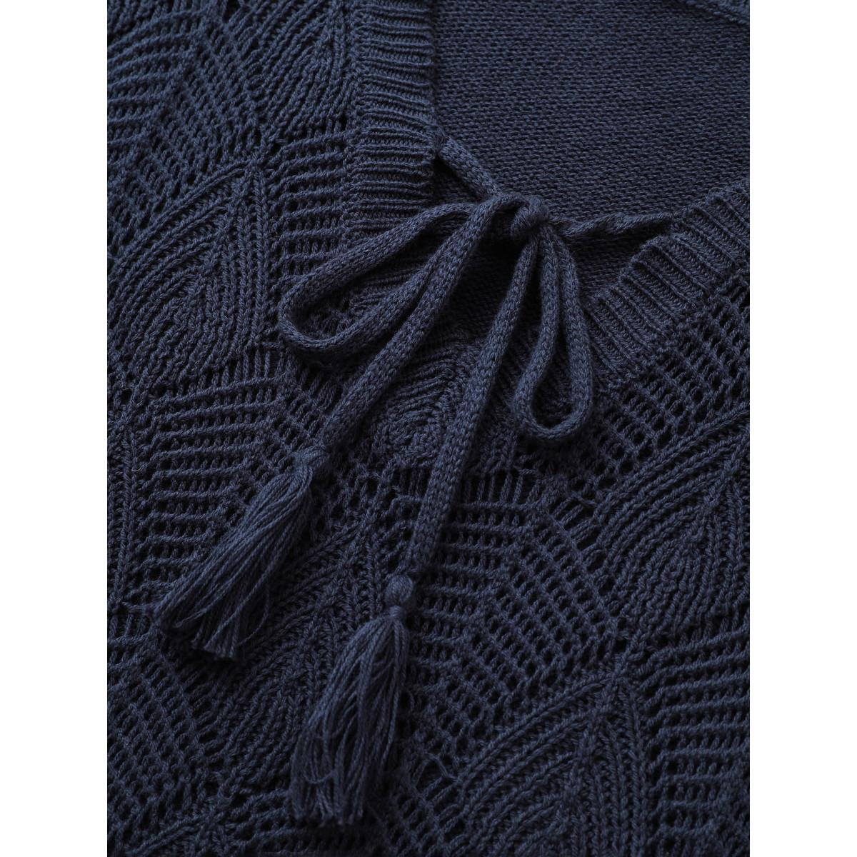 Plus Size Solid Hollow Out Tassel Knot Neck Pullover Midnight Women Casual Long Sleeve V-neck Everyday Pullovers BloomChic 12/L Product Image