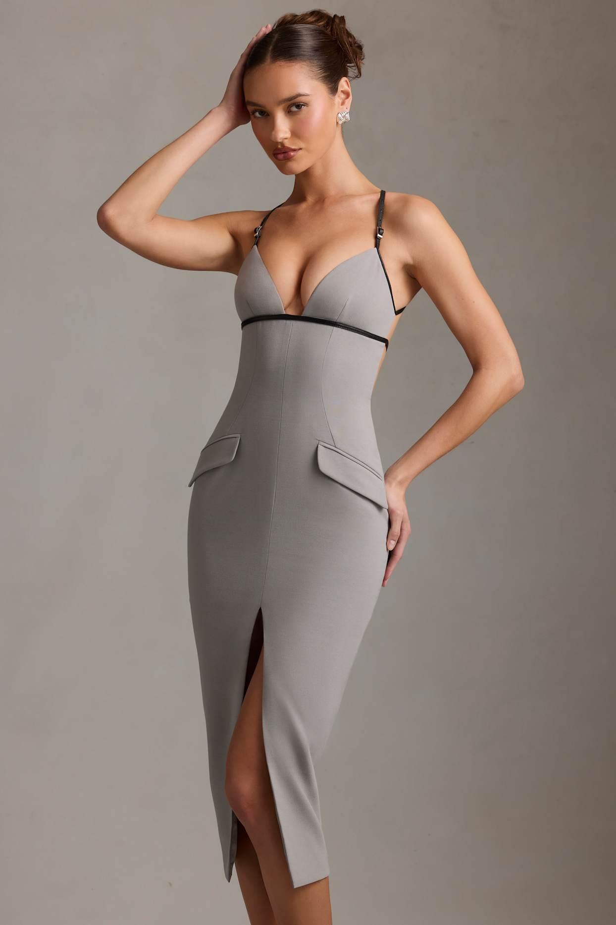 Plunge-Neck Backless Midaxi Dress in Grey Product Image