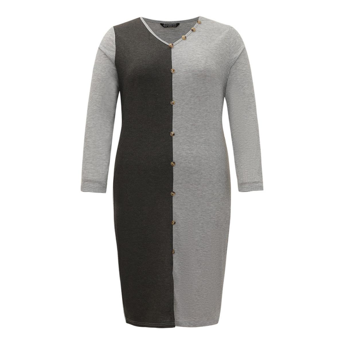 Plus Size Two Tone V Neck Button Detail Split Front Dress LightGray Women Casual Plain V-neck Half Sleeve Curvy Midi Dress BloomChic 30/6X Product Image